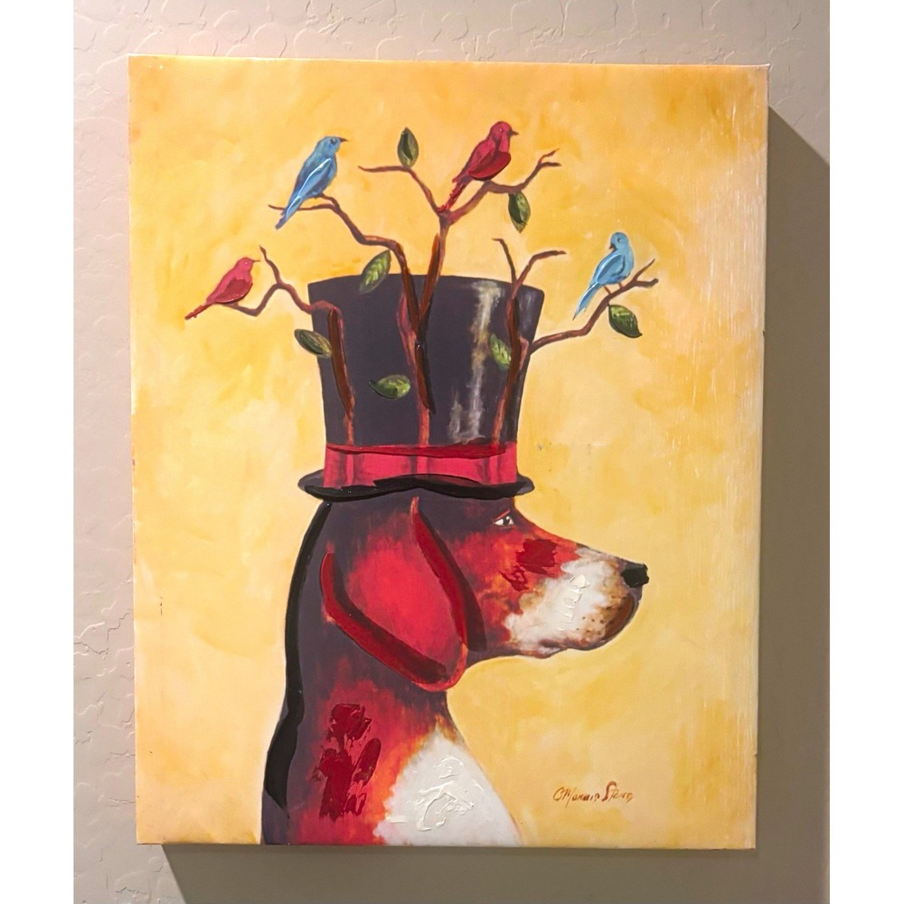 Christine Marcus Stone Beagle Dog Top Hat Birds Canvas Wall Art Painting 16x20